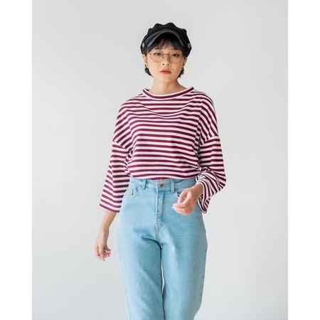 Karasu Stripe Sleeve Top Maroon-Broken White